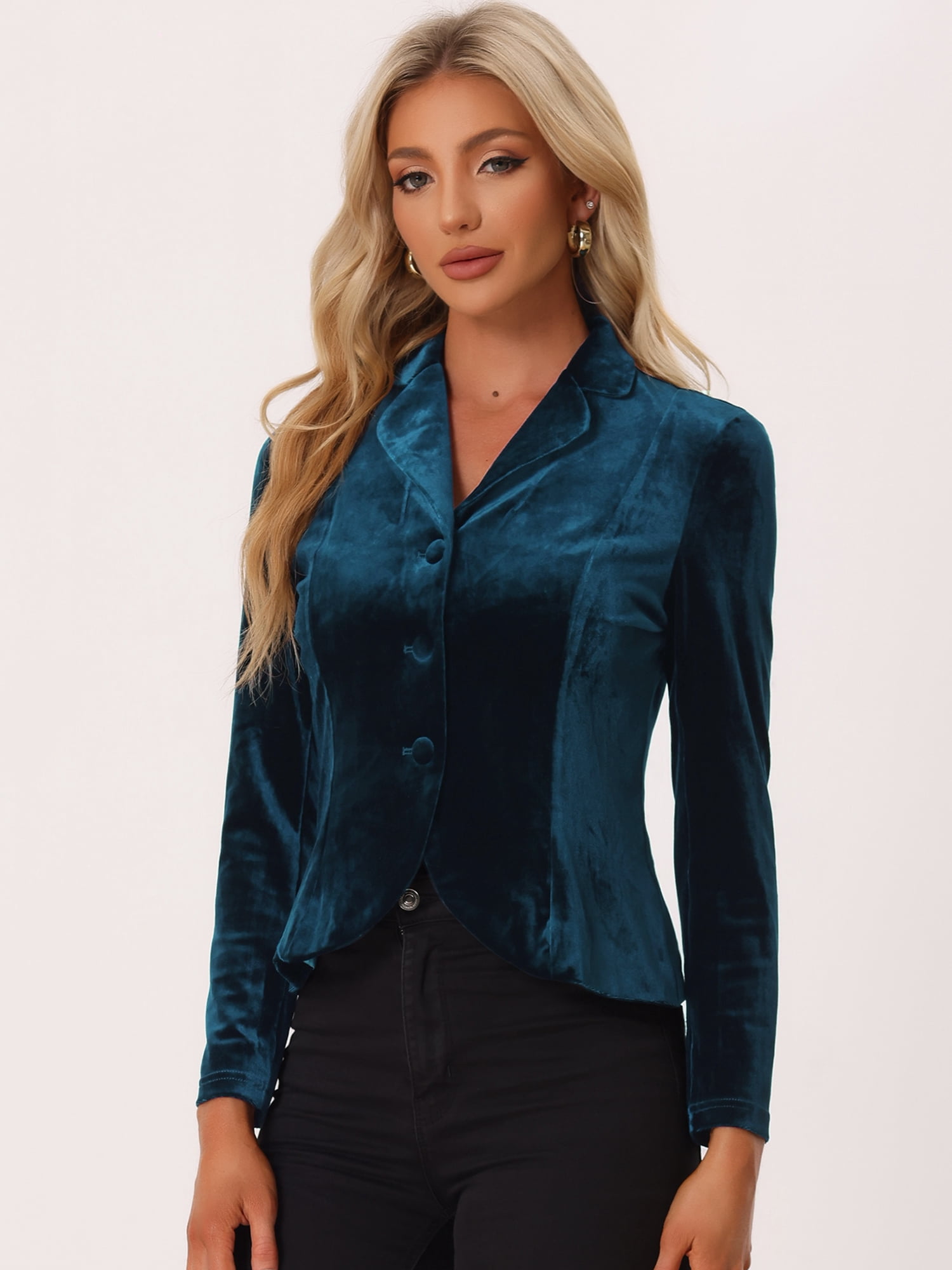 DARING DIVA Women's Notched Lapel Long Sleeve Office Velvet Blazer XL Peacock Blue