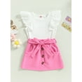 thumbnail image 3 of TSEXIEFOOFU Toddler Girls Summer Outfit Sets White Flying Sleeve O Neck Tops + Solid Color Button Skirt with Belt, 3 of 8