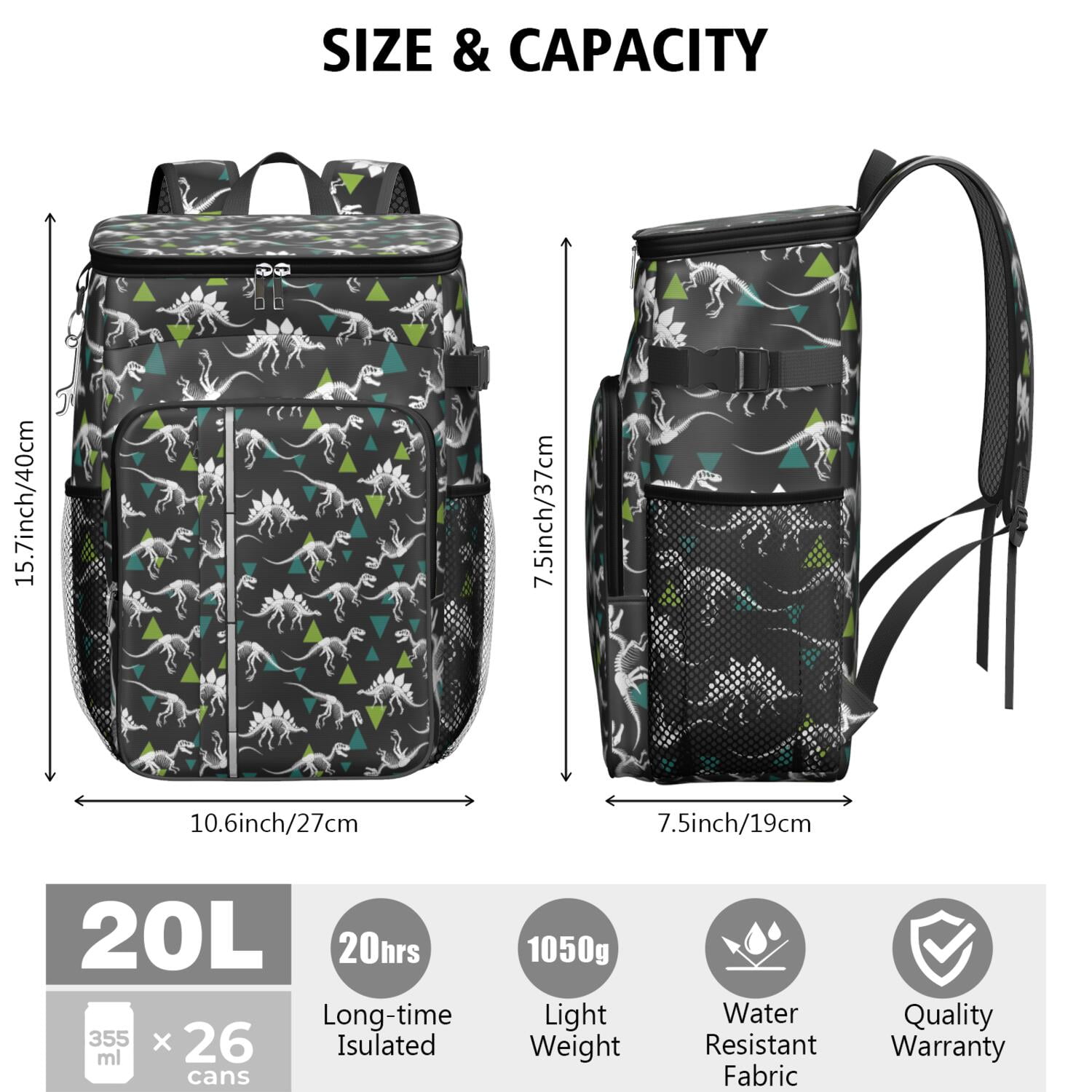 Travel Cooler Bag - Black Cartoon Dinosaurs Skeletons Triangles Pattern Camping Beer Cooler Backpack with Bottle Opener- Waterproof Insulated Picnic Backpacks - Cooler Bag for Beach