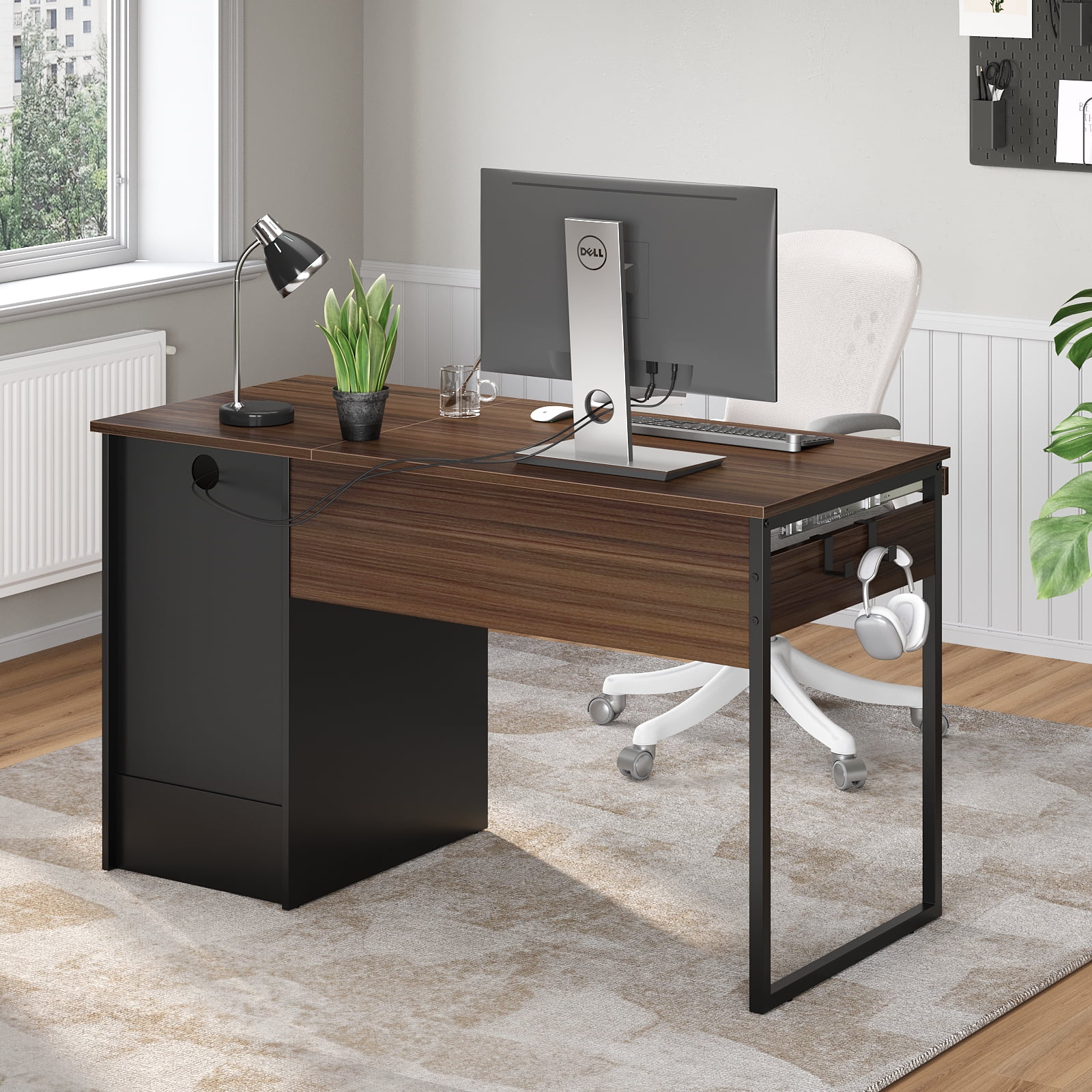 Bestier 48” Office Desk with Drawers, Computer Writing Desk with Keyboard Tray & 2 Hooks for Home Office, Cherry