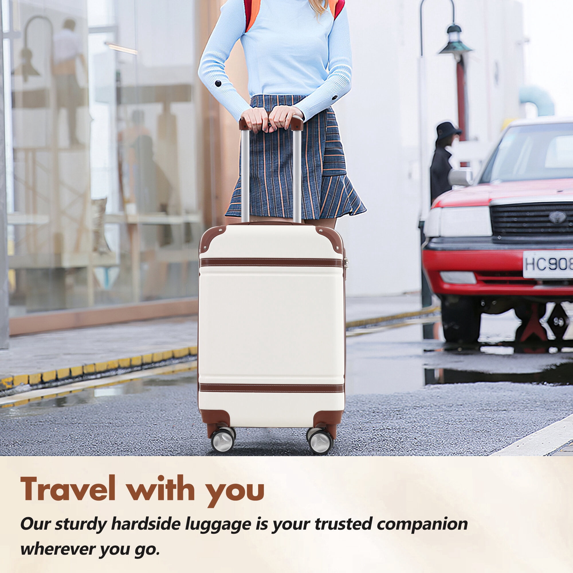 Hardside Suitcase, Hardshell Luggage Sets with Bags Lightweight Suitcase Double Spinner Wheels with TSA Lock ,Single Vintage Luggage 24 IN,White, White Hardside Luggage,Abs Hardside Checked Luggage