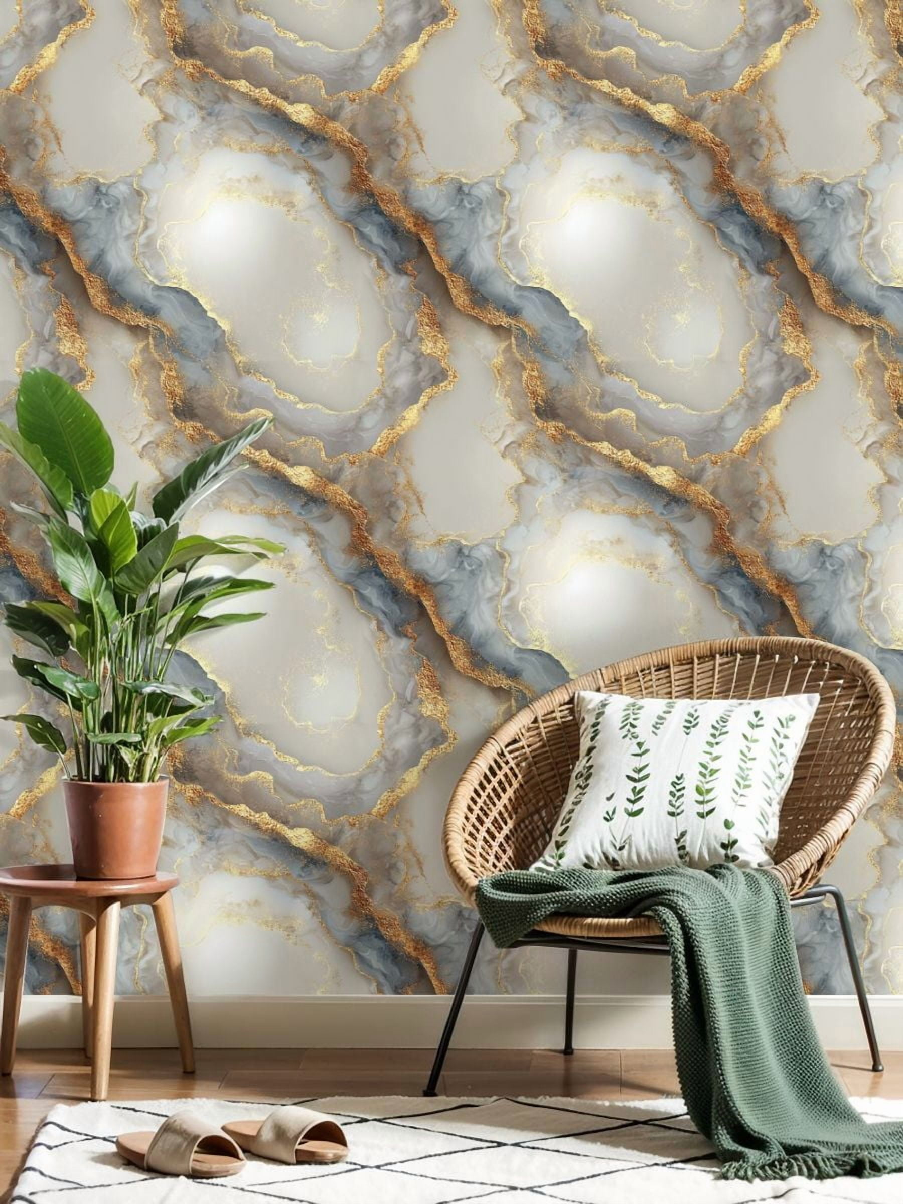 Peel and Stick Wallpaper 17.7in x 9.8ft Abstract Gold Grey Marble Flowing Lines Glimmering Texture Contact Paper Vinyl Self-Adhesive Removable Wall Paper for Bedroom DIY Home Decor Renter Friendly