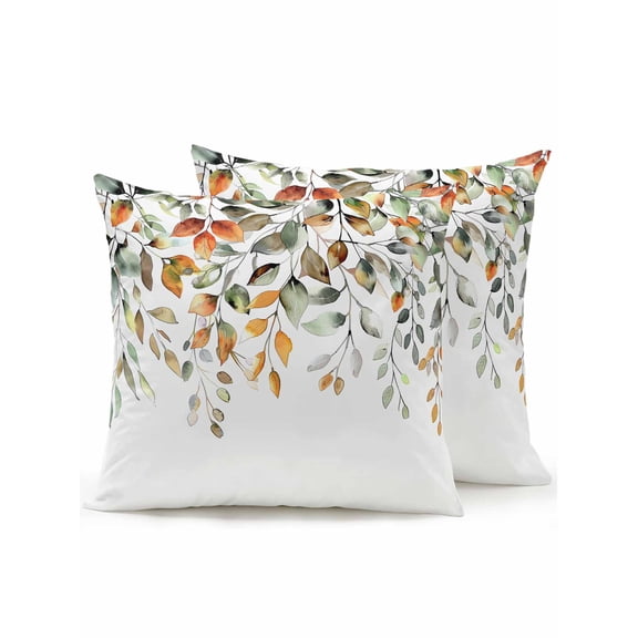 Waterproof Outdoor Throw Pillows with Inserts 18"x18" Set of 2,Orange Green Eucalyptus Leaves Soft Decorative Pillowcases for Bedroom,Fall Botanical Watercolor Pillow Covers for Sofa Living Room