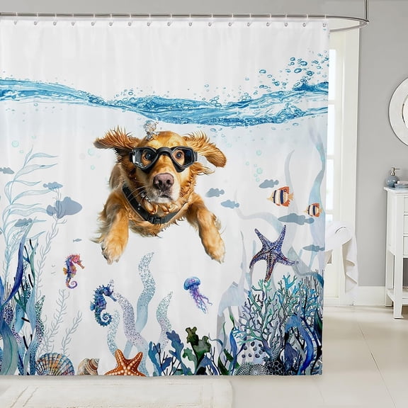 Cute Dog Shower Curtain Underwater Golden Retriever Wearing Goggles Waterproof Fabric Bathroom Decor with Hooks 71x71 inches