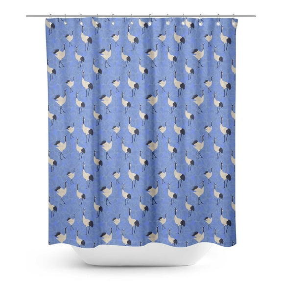 S4Sassy Blue Monstera Leaves & Stork Bird Decorative Waterproof Printed Shower Curtain Roller Hooks Drapes-60 x 70 Inch