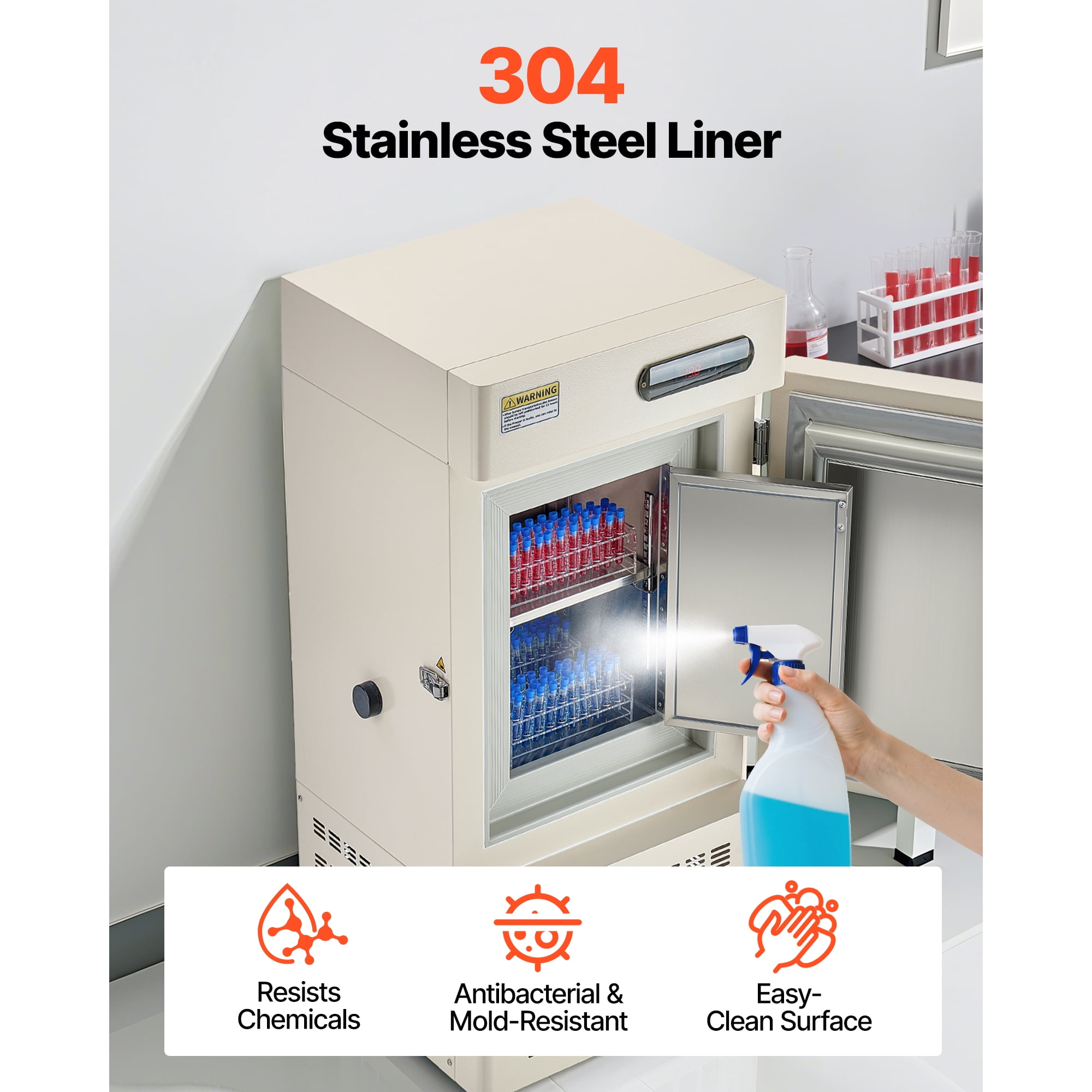 KFFKFF Ultra Low Temperature Freezer, 28 L, Adjustable −40℉ to −123℉ Range, with Rollers and Digital Display, 304 Stainless Steel Interior, Low Temp Freezer for Laboratory Sample Storage