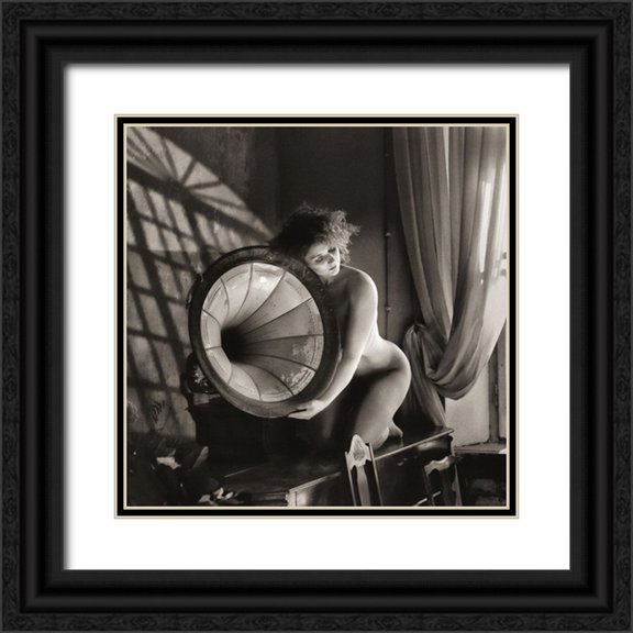 Kapsha, Eduards 12x12 Black Ornate Wood Framed with Double Matting Museum Art Print Titled - Girl With A Gramophone