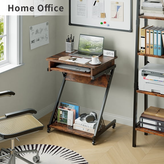 ALISENED 23.6 inch Z-Shaped Mobile Computer Desk with Smooth Keyboard Tray, with Wheels and Bottom Shelves