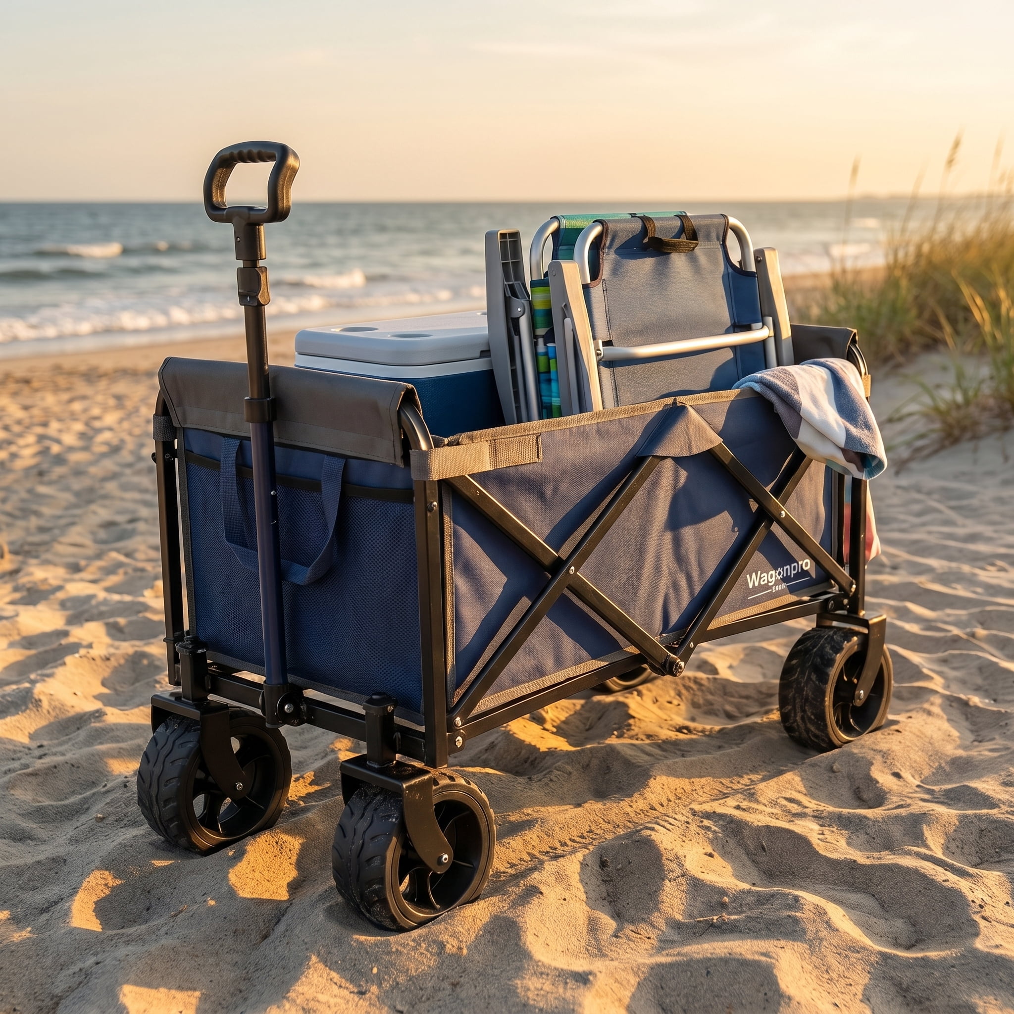 Folding Wagon with Wide Wheels, Collapsible Utility Cart, 220 lb Capacity, Lightweight Compact Beach Wagon with Full-Side Opening, Dog Leash, Steel Frame, Dark Blue