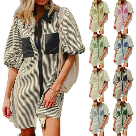 Vetsdori Womens Short Sleeve Mini Dresses Striped Sundress Summer Casual Button Beach,Mujer Polo Dress for Ladies Collared