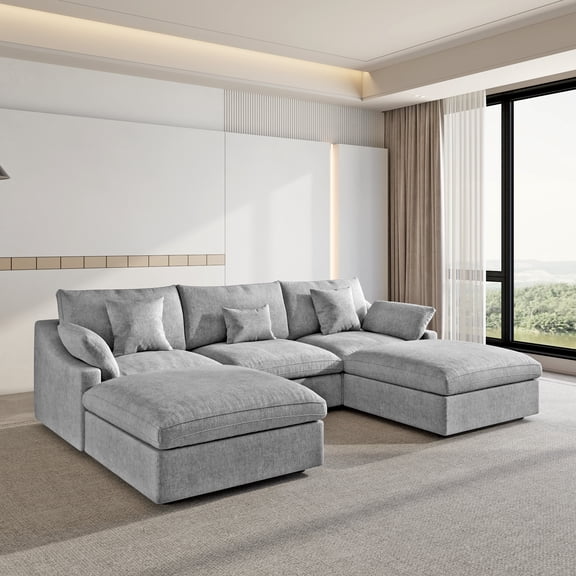 120" Cloud Couch Sectional for Living Room, Down Filled Convertible U Shape Couch with Ottoman,Gray