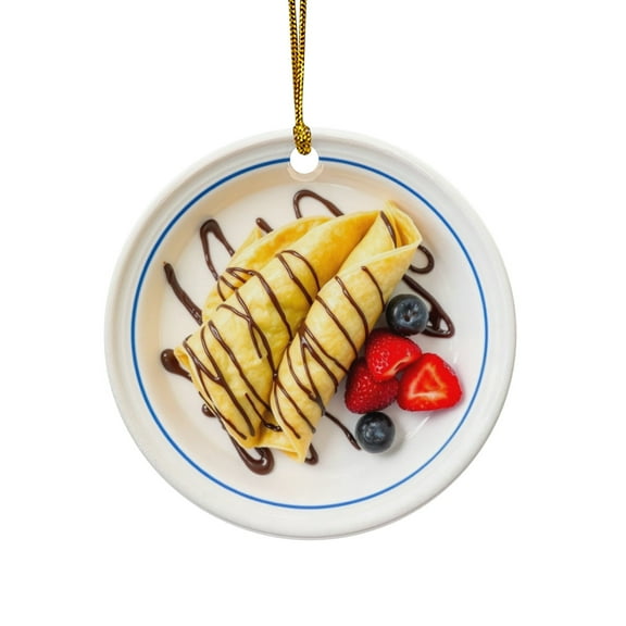 French Crepes with Berries and Chocolate Drizzle, Crepe Dessert Christmas Ornament, Food Foodie Novelty Xmas Tree Gift Accessory Funny Ornaments (Flat Design Printed on Ceramic, NOT 3D)
