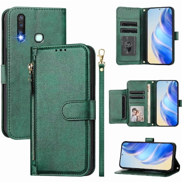 Étui à Rabat pour VIVO U3/Z5i avec Poche Zippée, Portefeuille Magnétique à Rabat avec 7 Emplacements pour Cartes et Dragonne