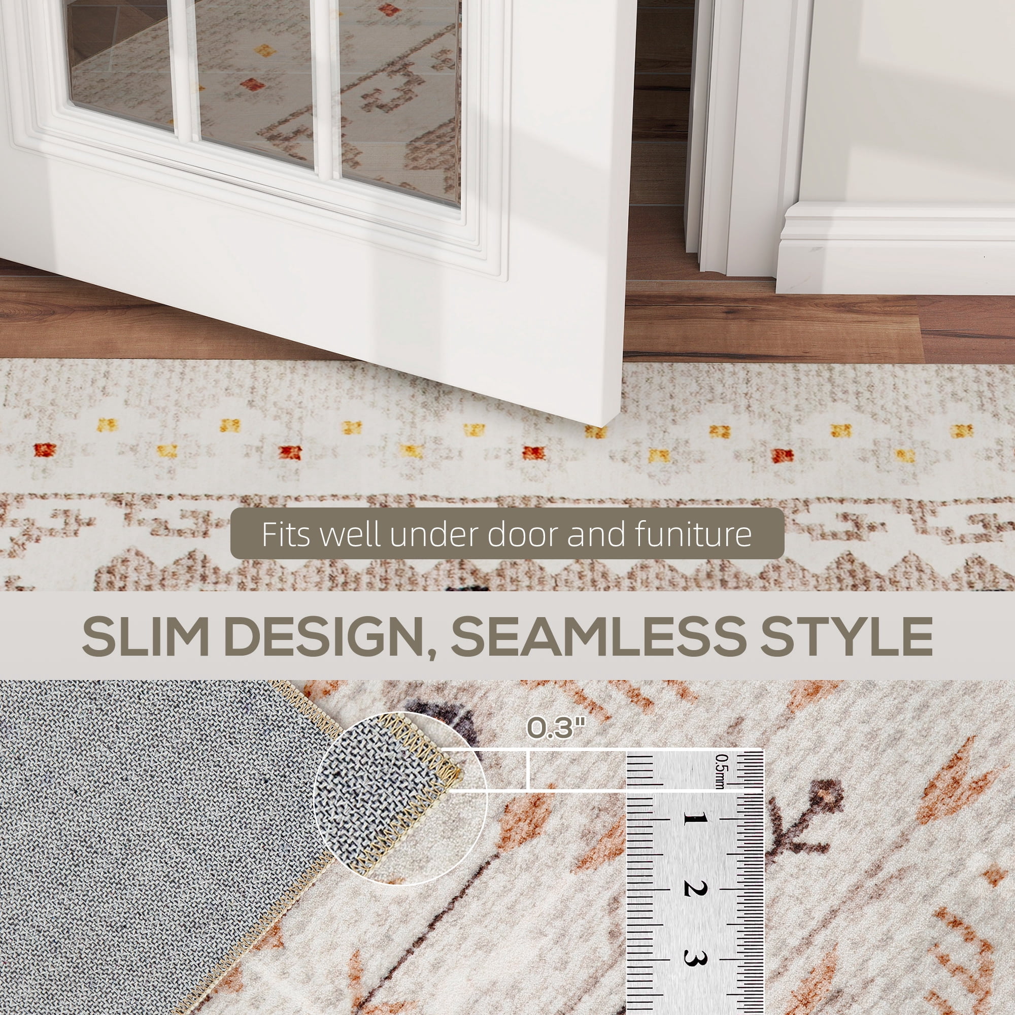 HOMCOM Machine Washable Area Rug 4x6, Non-Slip Boho Flannel Print Floor Cover Foldable Carpet for Living Room, Bedroom, Dining Room, Brown