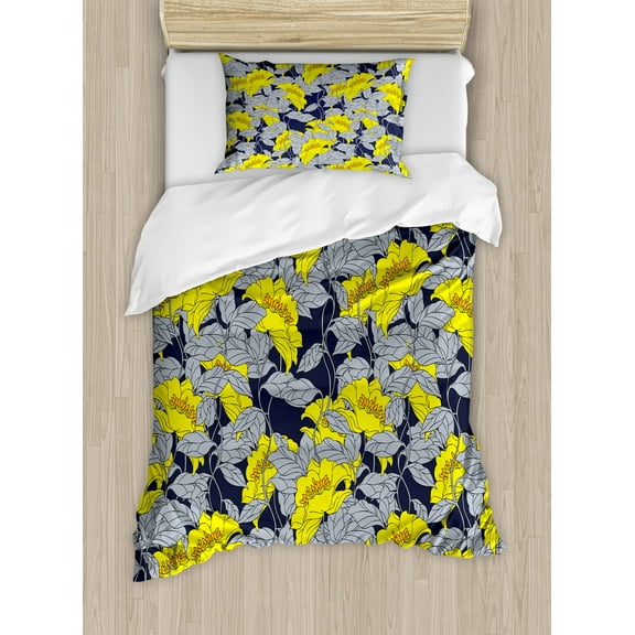 Floral Duvet Cover Set, Daffodil Petals in Contrast Tones Flourishing Floret Nostalgic Eastern Print, Decorative 2 Piece Bedding Set with 1 Pillow Shams, Twin Size, Yellow and Grey, by Ambesonne