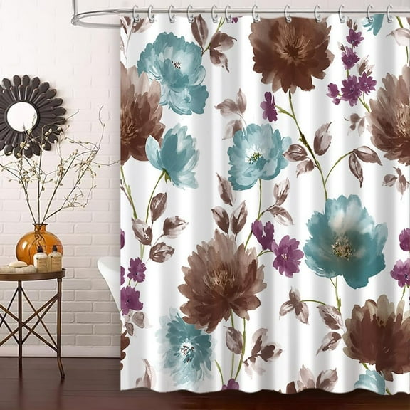 Boho Watercolor Floral Shower Curtain Cute Watercolor Teal Brown Purple Flower Shower Curtain for Bathroom Modern Minimalist White Waterproof Fabric Curtain Bath Decor with Hooks, 72"x72"
