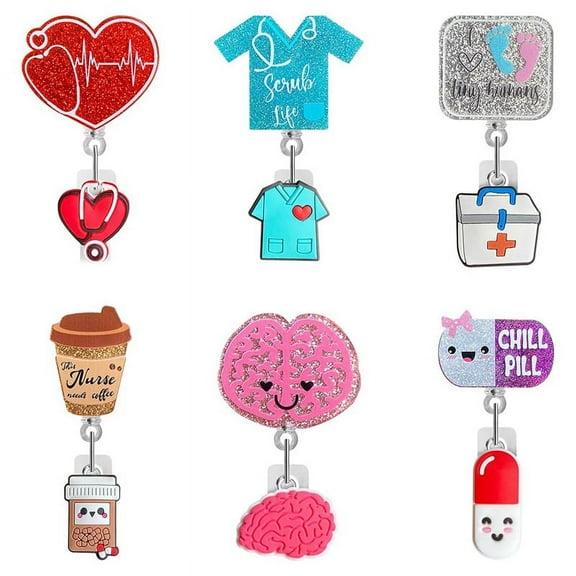 Cute Nurse Badge Reel, 6pcs Funny Nursing ID Card Glitter Holder Retractable Clip Name Tag