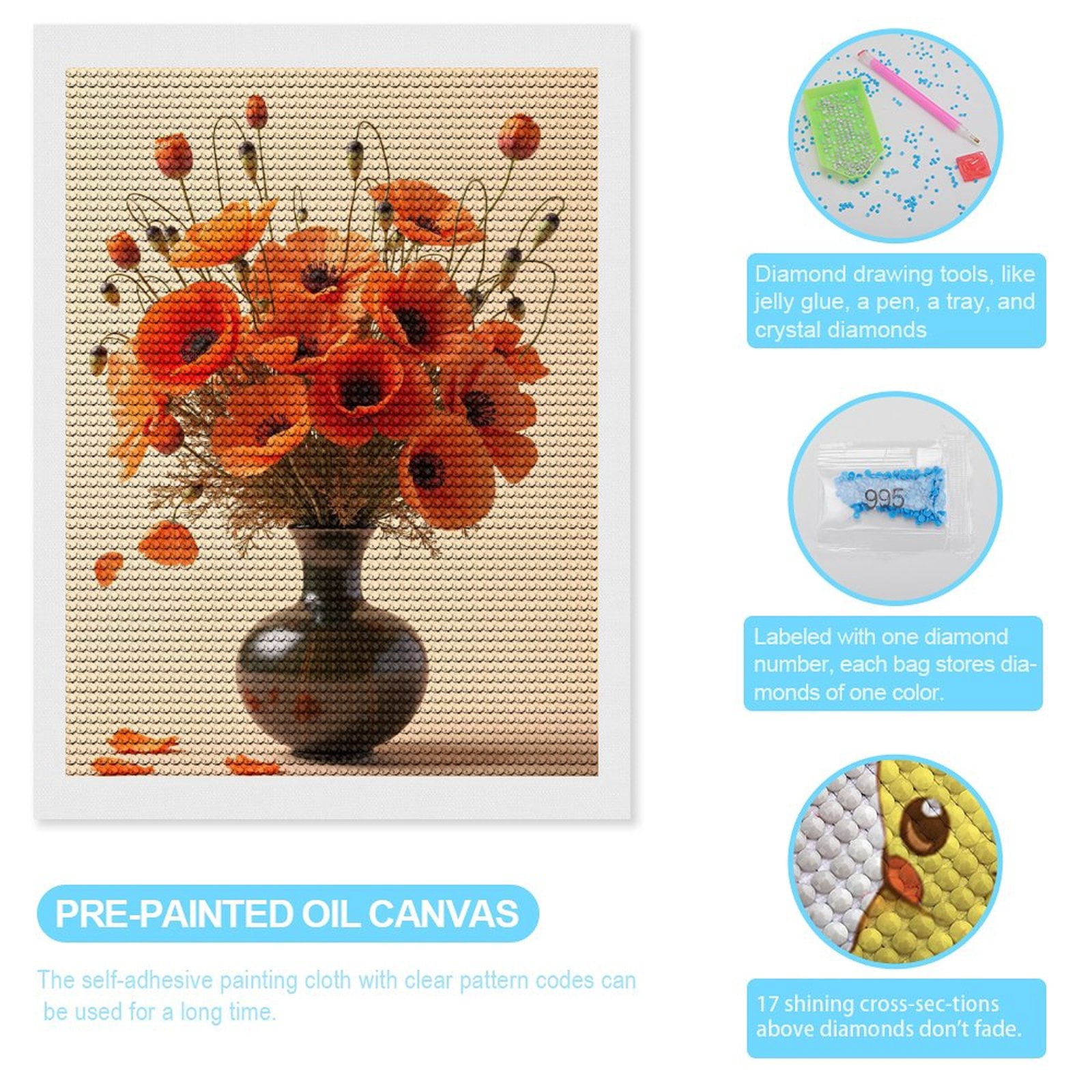 Diamond Art Kits for Adults, Bright Orange Poppies In Vase 5D Diamond Painting Kits for Adults Beginners, DIY Full Drill Diamond Painting, Gem Art and Crafts 12x16