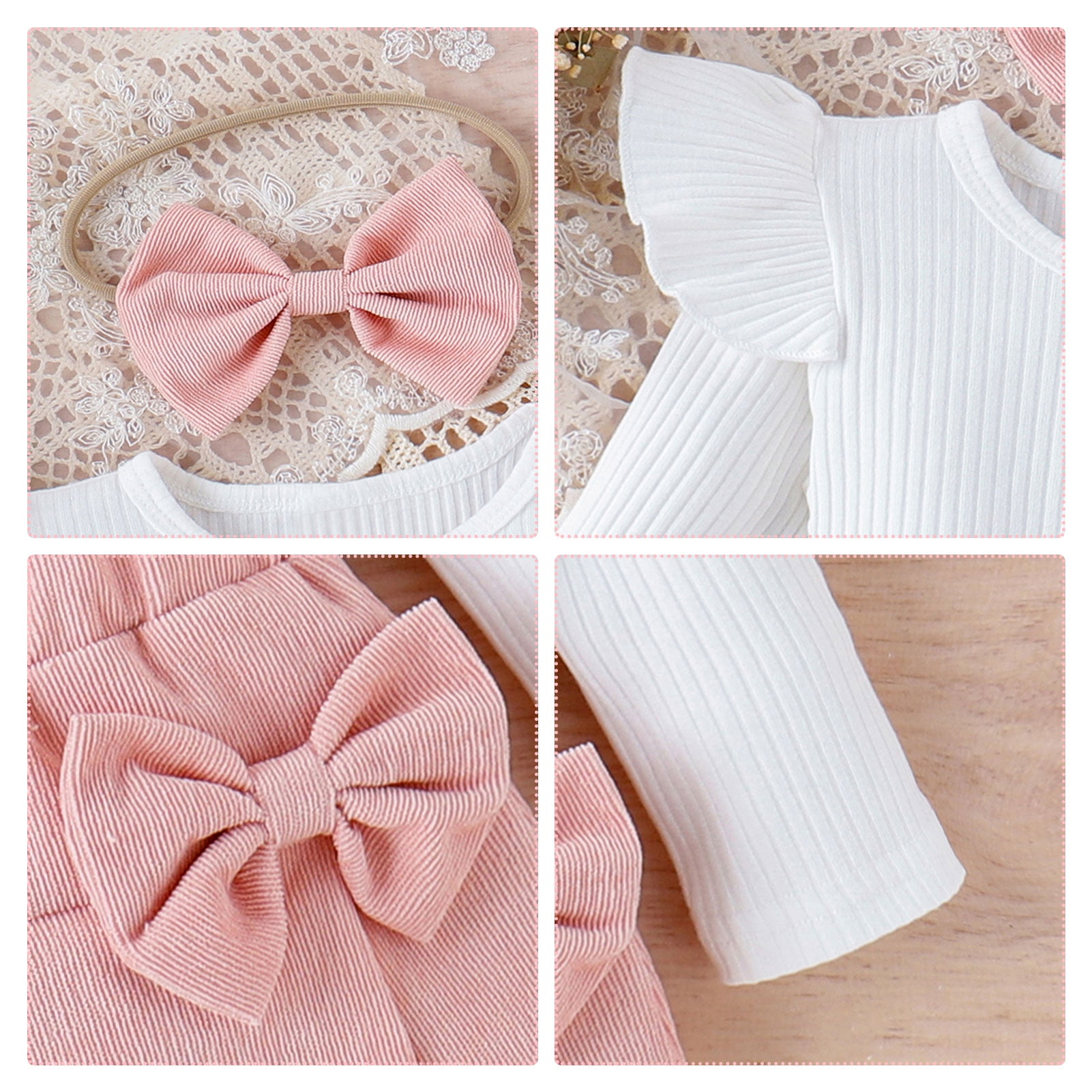 IWEMEK Baby Girl Outfits Fall Crewneck Fly Long Sleeve Knit Tops Fashion Cute Pink Skirt with Headwear 3Pcs Set 3-24M