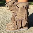thumbnail image 2 of Fringe Cowboy Boots for Women's, Winter Faux Suede Ankle Boots Round Toe Warm Flat Dress Cowgirl Booties Vintage Mid Calf Riding Boots, 2 of 4