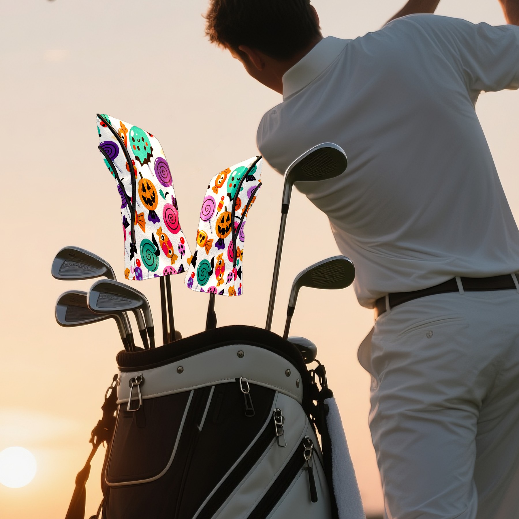 Golf Club Covers, Colorful CandySkull Premium PU Leather Driver Hybrid Putter Head Covers with Velvet Lining, Waterproof Golf Gifts for Men Women