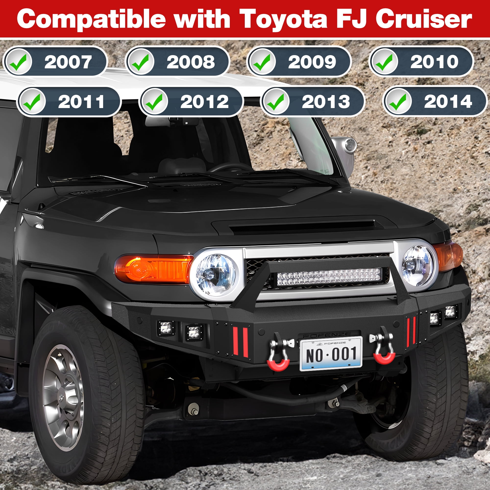 POFENZE Front Bumper for 2007-2014 1st Gen Toyota FJ Cruiser Rock Crawler Bumper Equipped with Winch Plate Lights License Plate Bracket