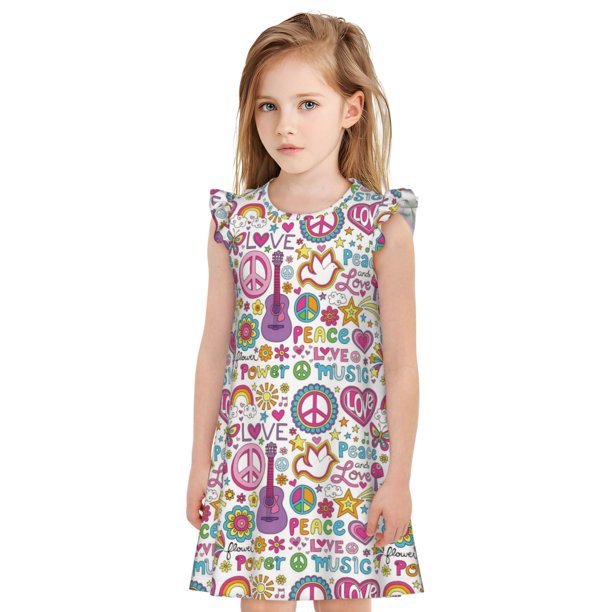 Fotbe Peace Love and Dove Flower Power Vestido de Dormir para Niñas de 3 a 10 Años, Mangas Cortas, Estilo Princesa, Pijama Camisón con Mangas Voladas-X-Large