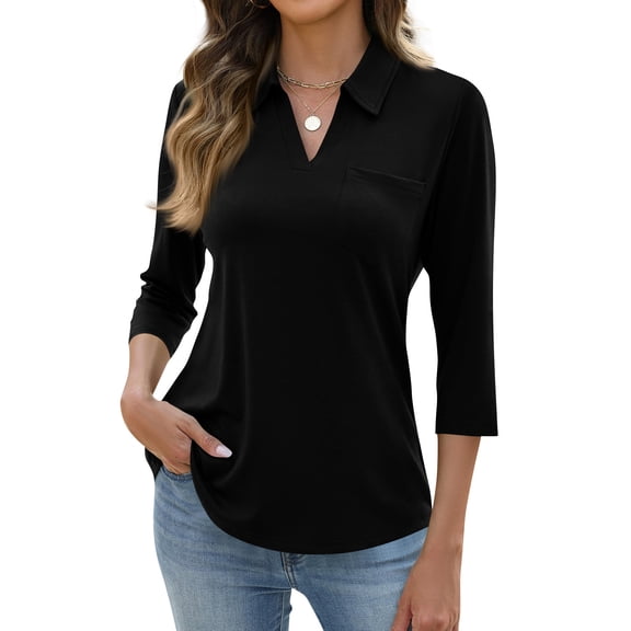 Iaqnaocc Women's Tops, Tees & Blouses Dressy Casual 3/4 Length Sleeve Polo Shirt Solid Color Business Work V Neck Collared Blouses Trendy Summer Clothes With Pocket Black XL
