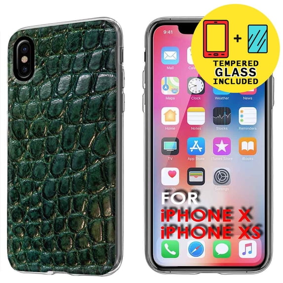 Clear TPU Phone Case for Apple iPhone XS,X,Alligator,Temper Glass Included,Combo