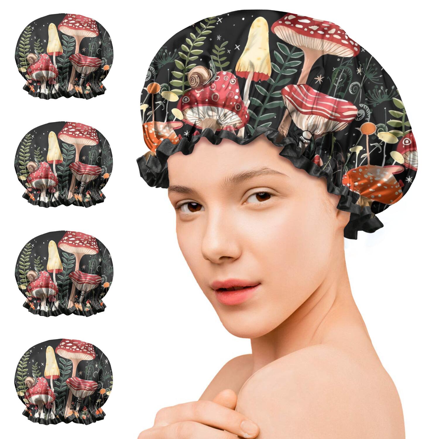 Shower Caps,Red Mushroom Butterfly Black Pattern Waterproof Shower Cap for Women 4 Pieces,Double Reusable Hair Cover for Shower PEVA Elastic Stretch Hem