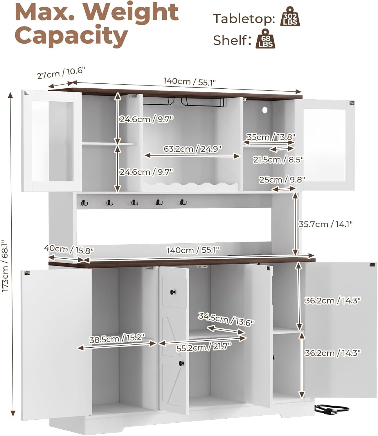 HAUXITIO 55"W Farmhouse Kitchen Pantry with Charging Station & Wine Rack,68" Tall Buffet Cabinet with Large Countertop for Dining Room,White