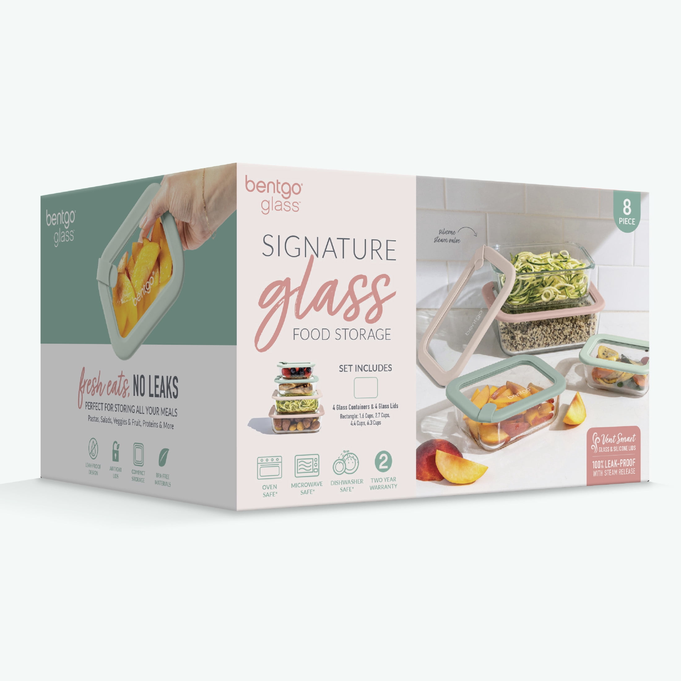 Bentgo Signature Leak-Proof Glass Food Storage - 8-Piece Set, 1-Compartment Plastic-Free Containers with Airtight Glass Lids, BPA-Free, Microwave, Freezer, Oven & Dishwasher Safe (Desert Sage)