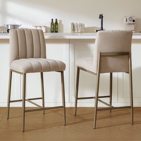 GrandNoor Comfortable Bar Stools Set of 2, 26” Thick Upholstered Counter Height Bar Stools with Back, Linen Counter Stools with Metal Legs for Kitchen Island, Khaki