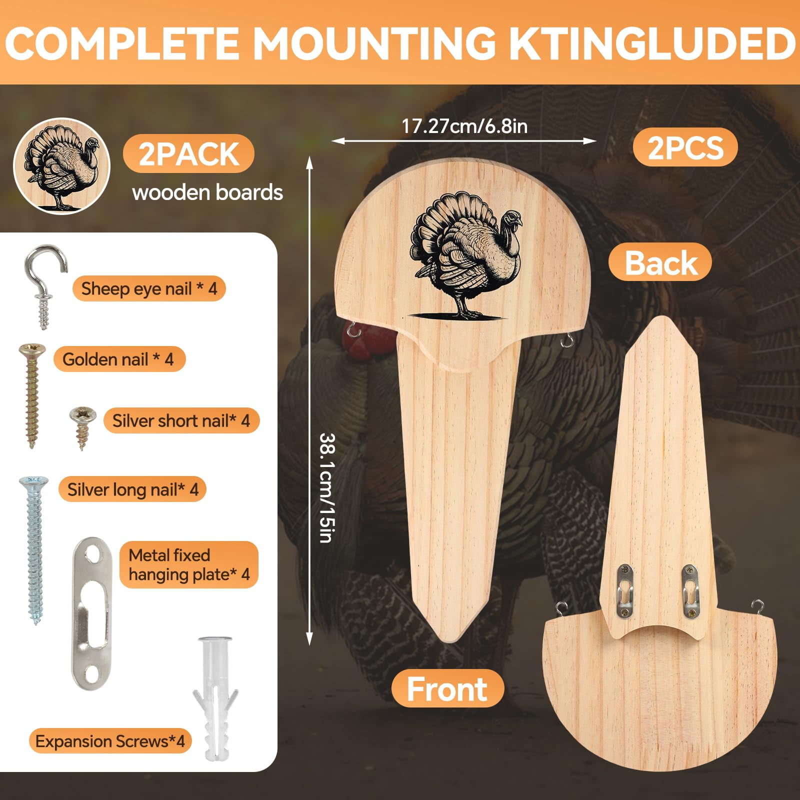Wooden Turkey Fan Mount Kit 2 Pack Natural Oak Wall Mounted Trophy Display
