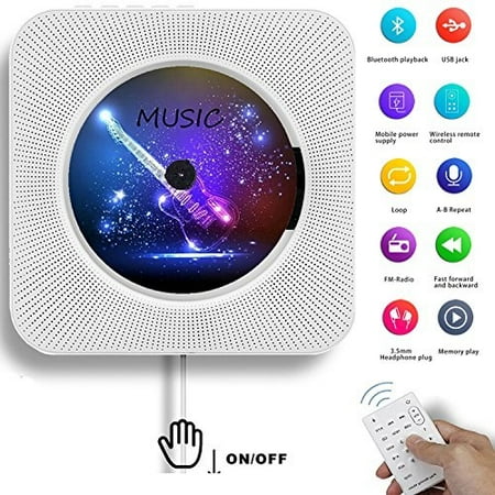 aonco portable cd player, bluetooth wall mountable cd music player home audio boombox with remote control fm radio built-in hifi speakers, mp3 headphone jack aux input output, white
