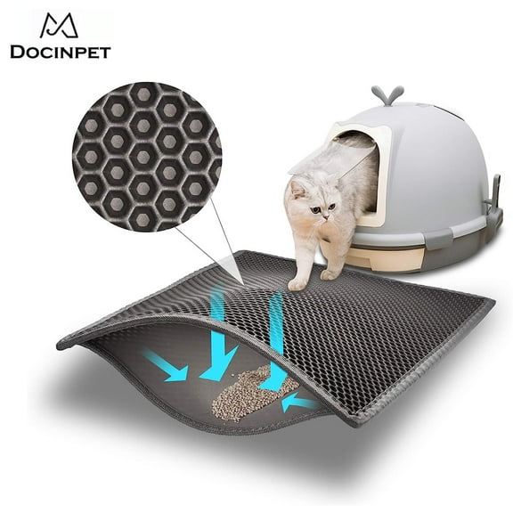 Cat Litter Mat Grey Trapping for Litter Box, No-Slip & Large, Urine & Waterproof, Honeycomb Double Layer Anti Tracking Kitty Mats, Washable Easy Clean