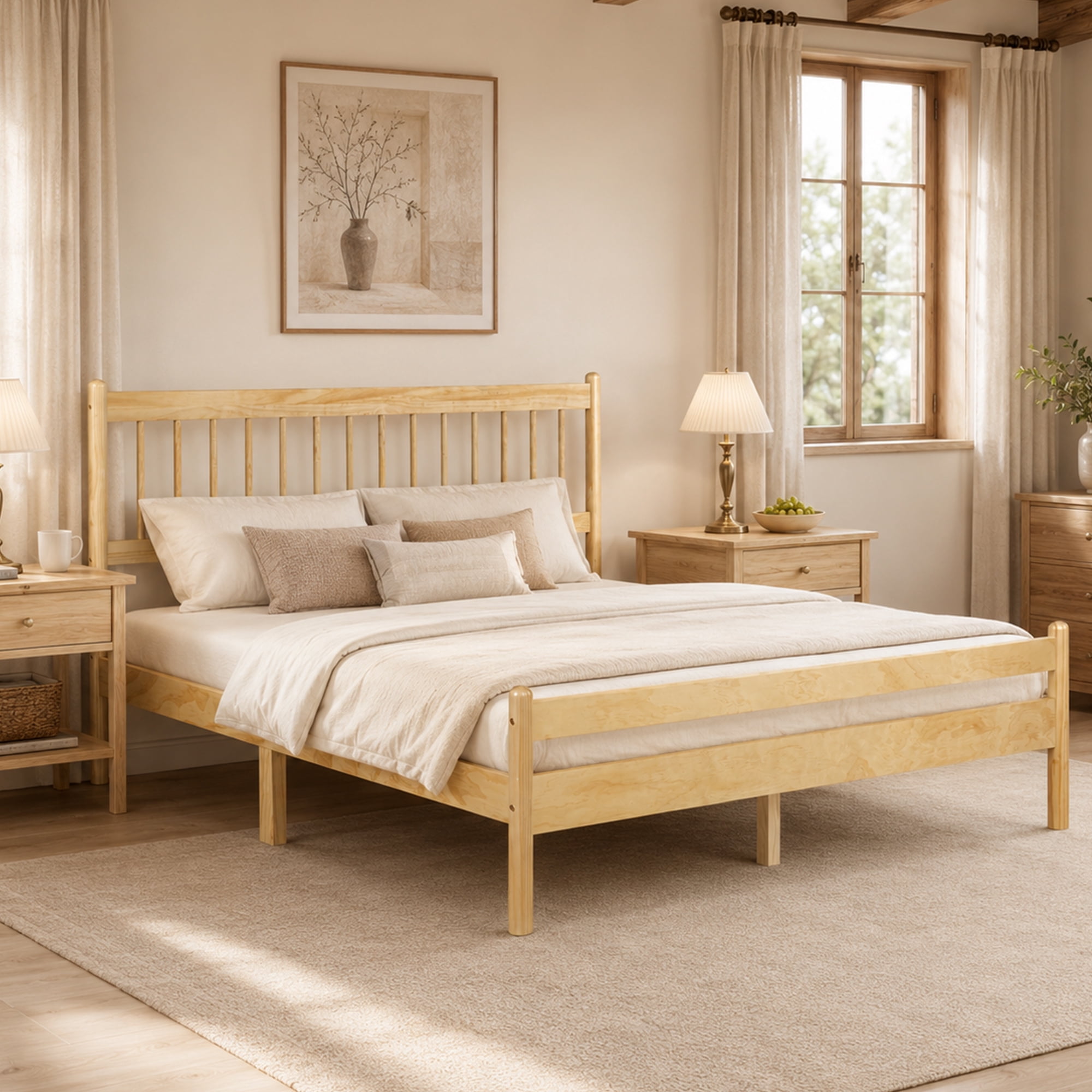 Mintazer Traditional Queen Size Platform Bed with Headboard and Footboard, Vintage Headboard Bed Frame for Bedroom, Natural