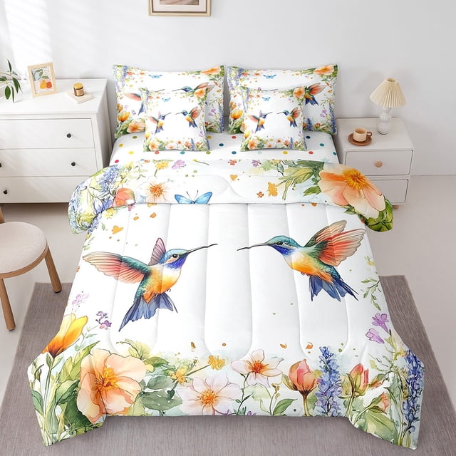 Erosebridal Ensemble de Literie Animal Colibri Format Double, Ensemble de Lit Floral Coloré, Déco de Chambre Oiseaux, Réversible, Super Douillet, 7 Pcs