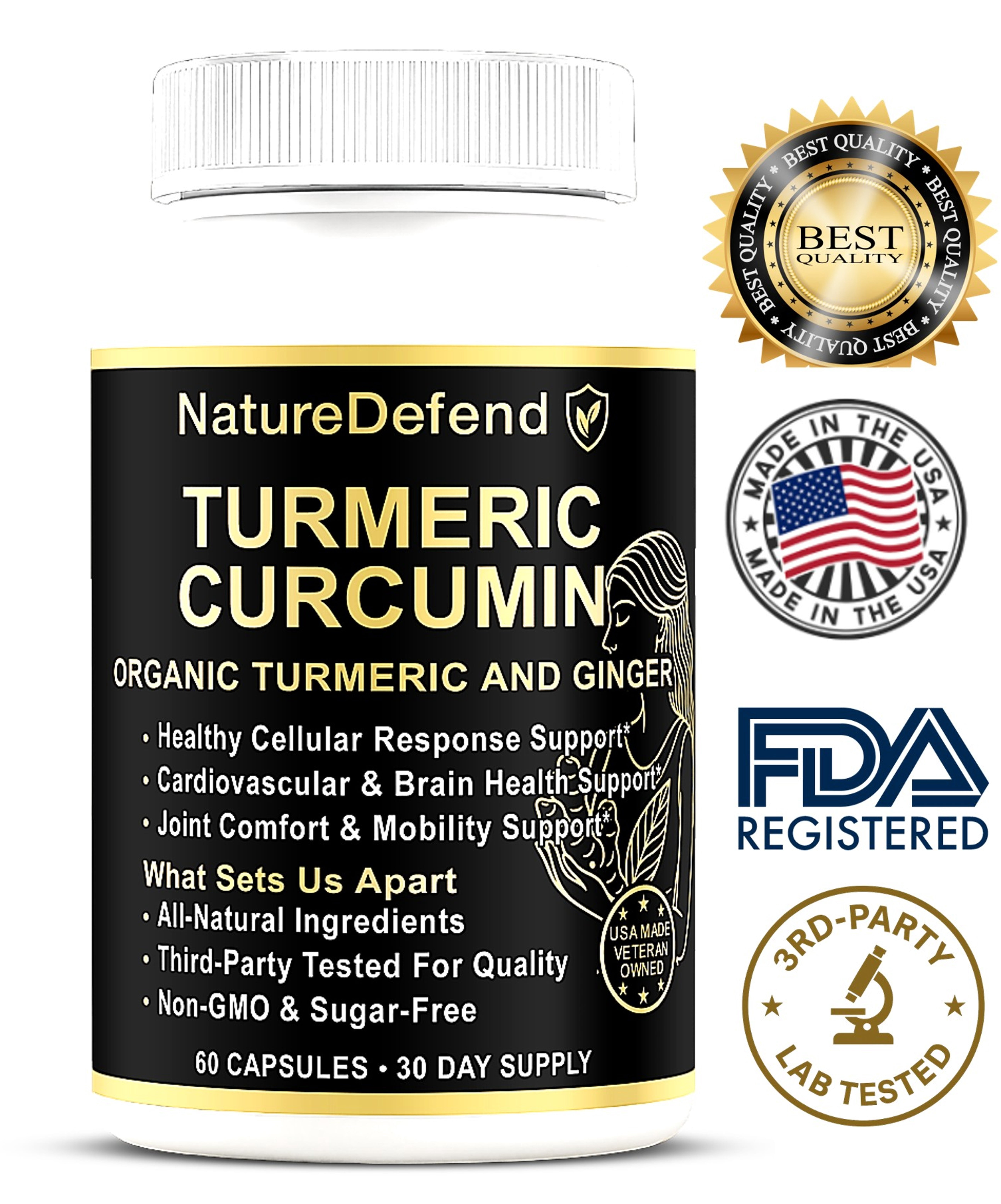 NatureDefend Turmeric Curcumin + Ginger Supplement, Joint & Heart Support, 60 Capsules, Veteran-Owned, USA Made