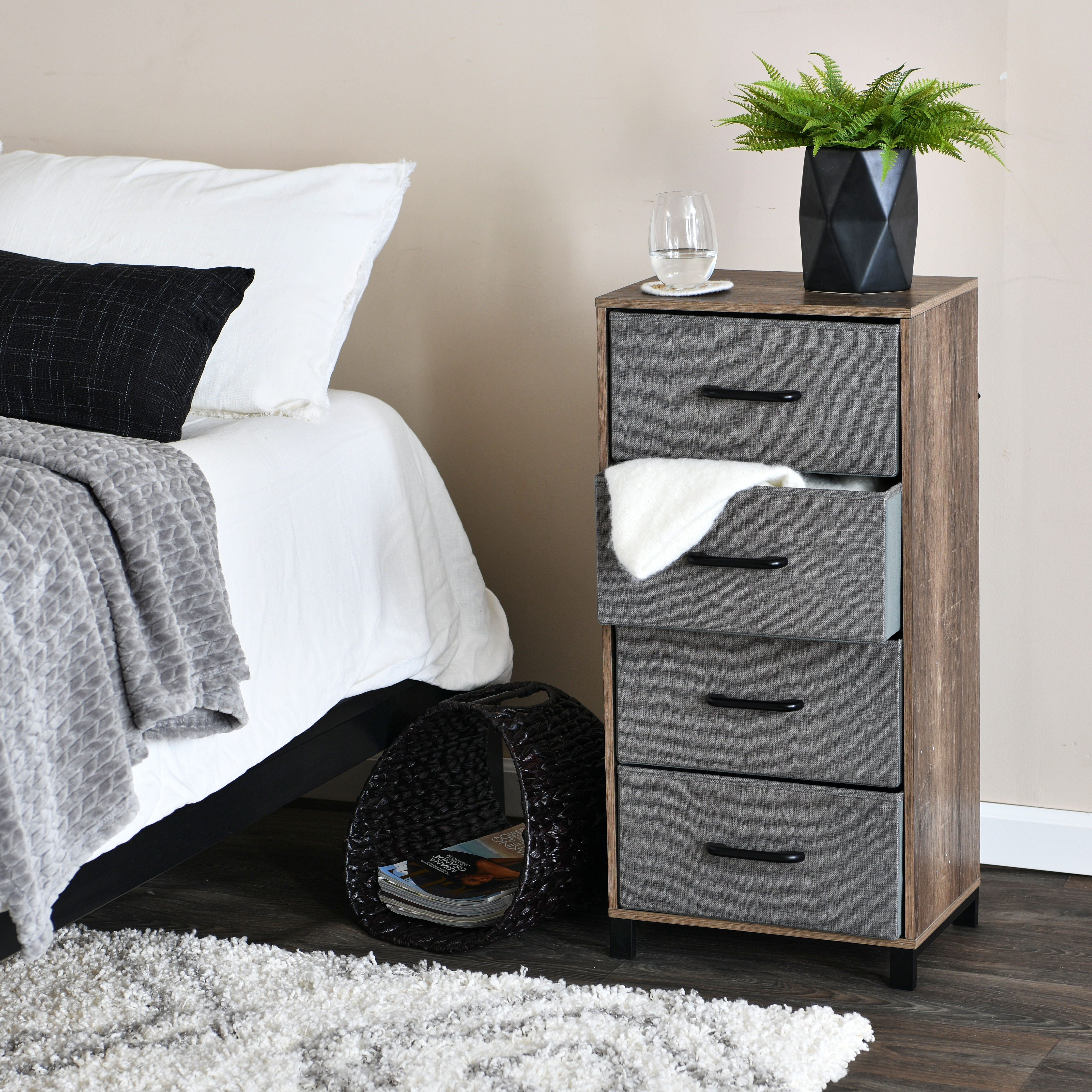 Household Essentials 4 Drawer Dresser, Narrow Storage Chest, Multi-Color Drawers, Wire Backing and Metal Feet, Wood Handles, Ashwood Laminate