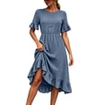 thumbnail image 2 of Ayolanni Short Sleeve Sundresses for Women Solid Flutter Sleeve Lightweight Crew Neck Maxi A-Line Dress Beach Ruched Waist Ruffle Vacation Casual Sundress Blue M, 2 of 9