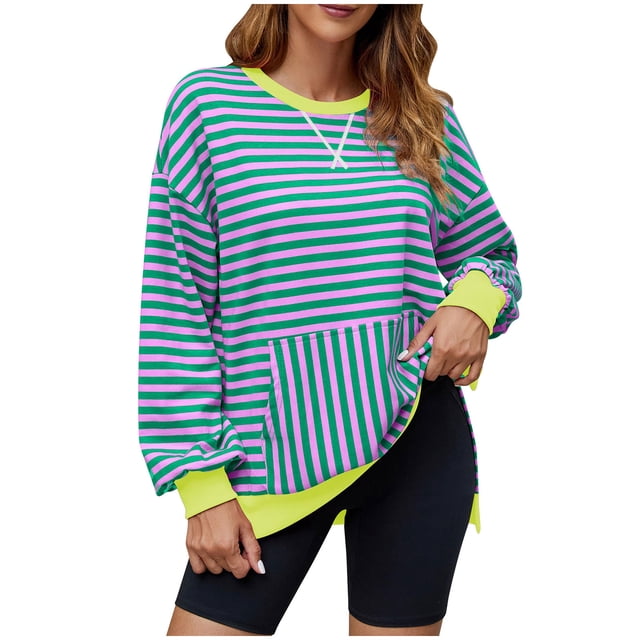 Yuyuzo Sweatshirt for Women Oversized Striped Crew Neck Long Sleeve Shirt Color Block Pullover Tops