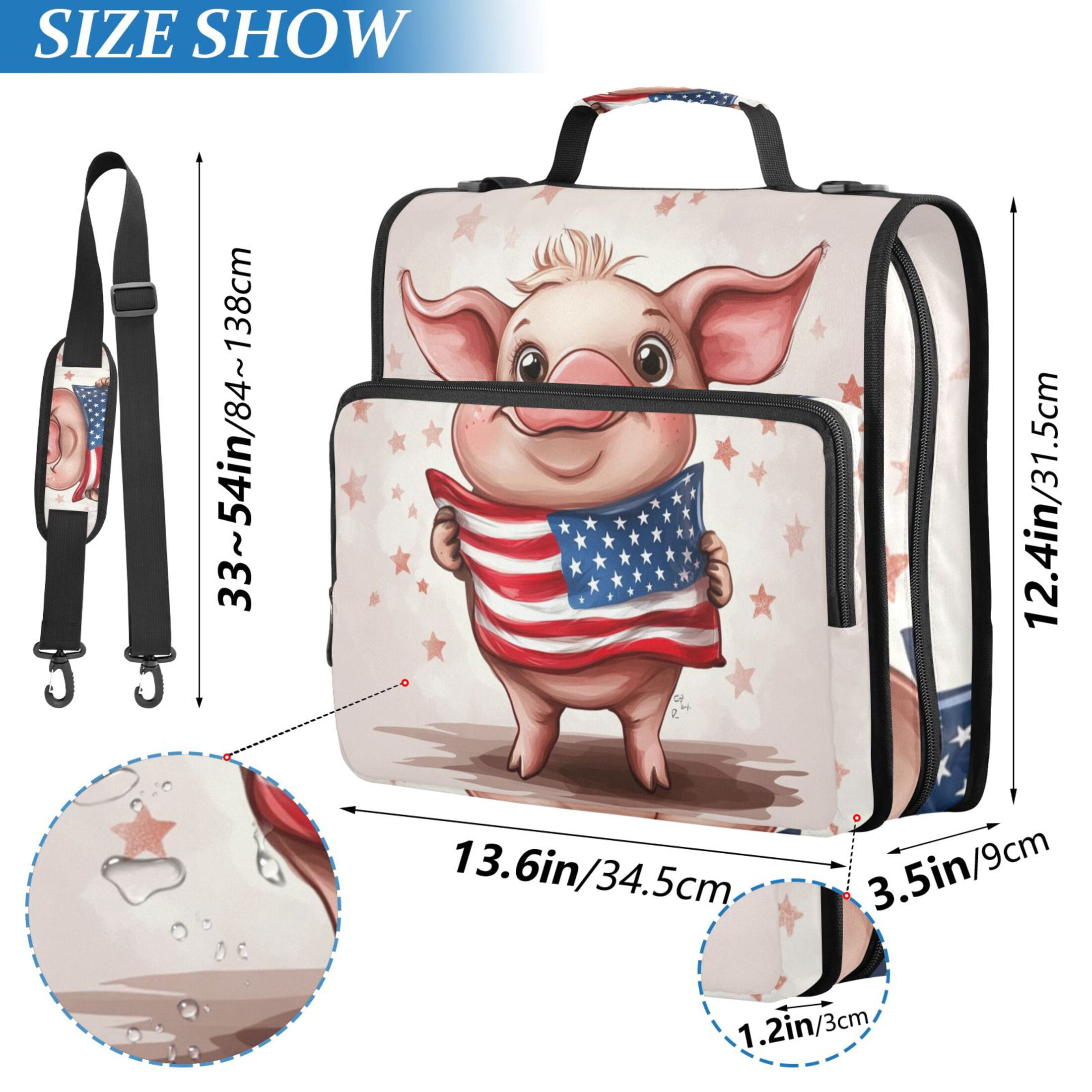 3 Ring Zipper Binder with Shoulder Strap Waterproof Trapper Keeper 2 Inch D-Ring 500 Sheets Capacity Cartoon Pig with Usa Flag