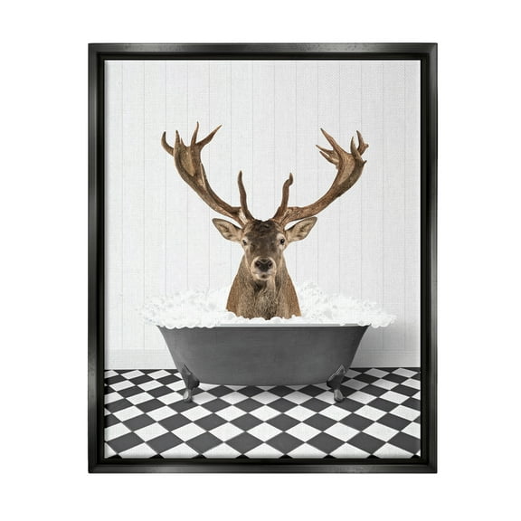 Stupell Industries Deer in Vintage Bathroom Animals & Insects Painting Black Floater Framed Art Print Wall Art, 17 x 21