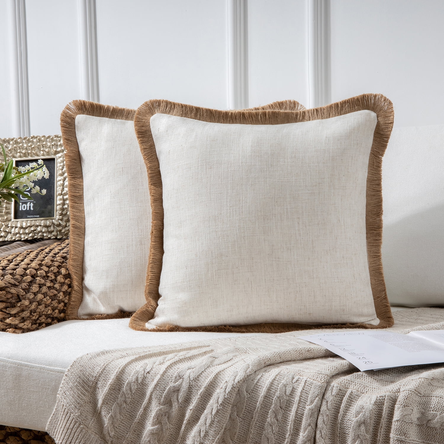 Phantoscope Linen Tassel Trimmed Farmhouse Series Decorative Throw Pillow, 18" x 18", Off White