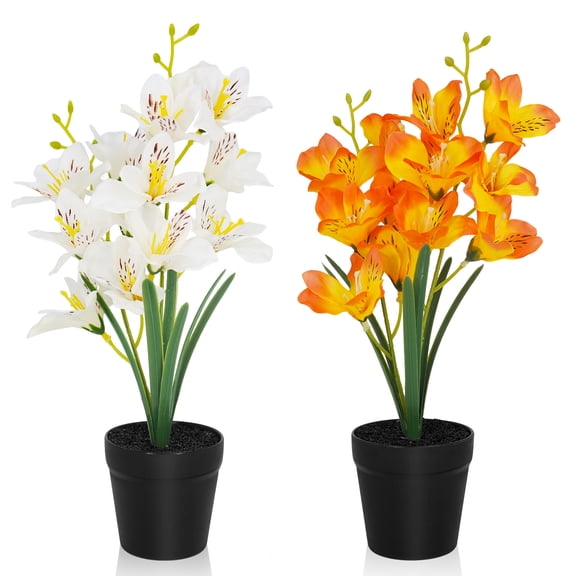 YOLETO 2 Pack Artificial Orchid Flowers Fake Phalaenopsis for Table Centerpiece Home Office Wedding Party Decor Orange White 12.6in