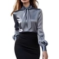 thumbnail image 2 of Women's Elegant Satin Blouse, Fall Long Sleeve Tie Neck Shirt with Two Back Buttons, Formal Office Work Top and Special Occasion Blouse for Women Grey L, 2 of 5