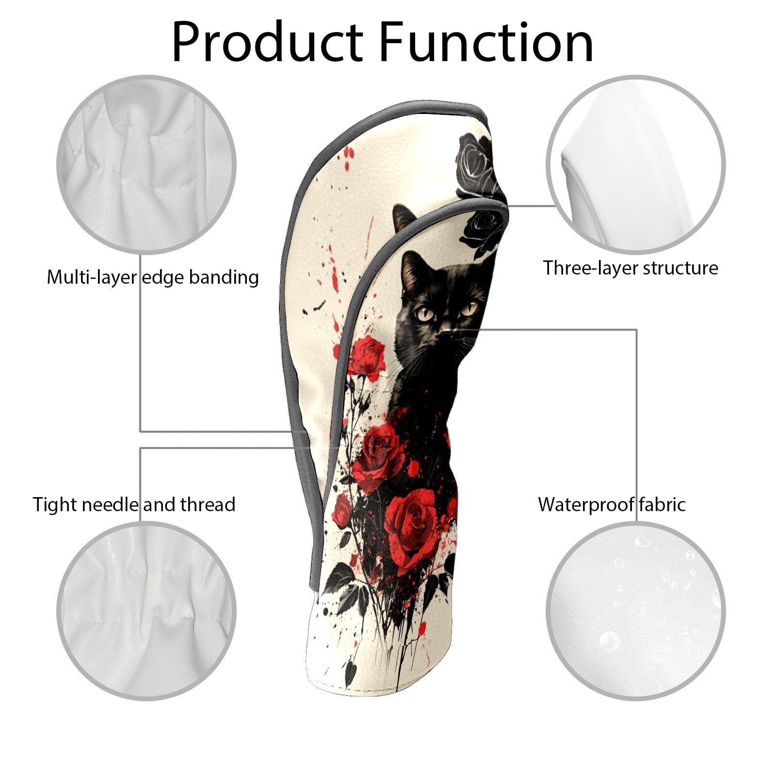 Golf Club Covers PU Leather Waterproof Head Covers for Fairway Woods Hybrids Rose Cat Unisex Fits Most Brands