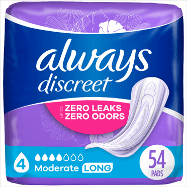 Always Discreet Incontinence Pads for Women, Moderate Long, 54 Count