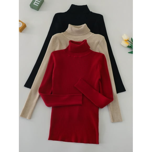 3-Pack Women Turtleneck Knitted Pullovers Soft & Cozy Solid Colors Winter Sweaters